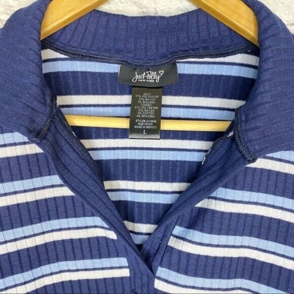 Just Polly NY Women’s Shirt Large Ribbed Blue Stripe Polo Crop Top Y2K 90’s NWOT - Picture 4 of 5
